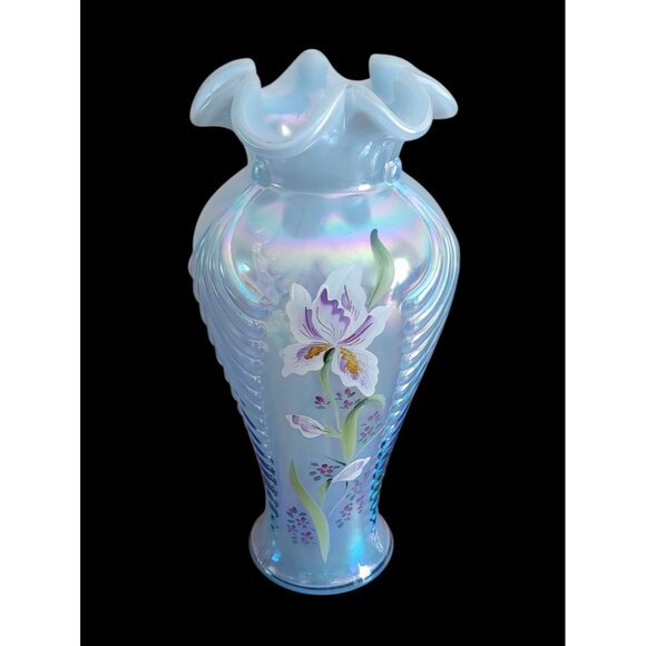 VINTAGE FENTON MISTY BLUE IRIDESCENT OPALESCENT 11" FEATHERED IRIS VASE Signed